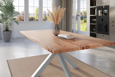 Produktbild von Esstisch Baumkante 220 x 100 cm Akazie natur massiv Spider-Gestell silber KALEA