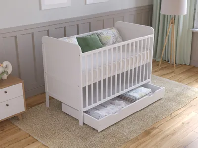 Produktbild von love-for-sleep Babybett / Beistellbett aus Holz, Weiß, 120x60 cm, mit Schublade & hypoallergener, atmungsaktiver Matratze, umbaubar zum Juniorbett, 0-3 Jahre