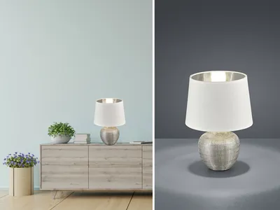 Produktbild von Keramik Tischleuchte LED 26cm hoch mit Stofflampenschirm Ø 18cm in Weiß/Silber