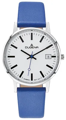 Produktbild von DUGENA Damen-Armbanduhr Moma 4461208, Quarz Analog, weißes Zifferblatt, Edelstahlgehäuse silber, gehärtetes Mineralglas, blaues Lederband, Dornschließe,3 bar