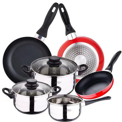 Kochgeschirr-Set 5-tlg. mit 3 Pfannen, Edelstahl, Induktion, 16/20/24 cm, Rot