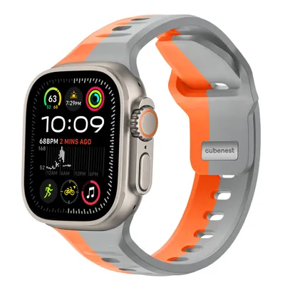 Zdjęcie produktu dla Pasek sportowy Cubenest Premium do Apple Watch 1, 2, 3, 4, 5, 6, 7, 8, 9, 10, SE, Ultra (2) - 44/45/46/49 mm - pomarańczowo-szary
