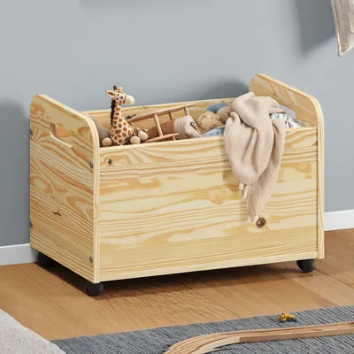 Produktbild von Spielzeugkiste BENJAMIN aus Kiefer Massivholz natur - Kinderzimmer Aufbewahrung, Spielzeugbox, Holzkiste mit Rollen, Aufbewahrungstruhe