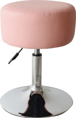 A pink stool with a silver base and adjustable height mechanism.