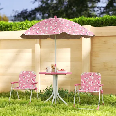 Produktbild von Kindersitzgruppe 4-teilig mit Sonnenschirm, Kindertisch 2 Klappstühle, Stahl Polyester, Rosa | 49,5 x 49,5 x 50 cm | 3,6 kg
