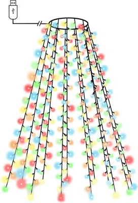 A diagram of a Christmas tree-shaped string of lights with a USB connector.