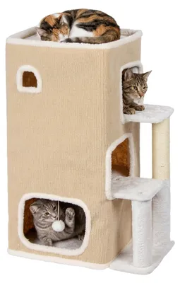 Productafbeelding van Relaxdays kattenhuis, 3-laags, kattenhol met bal en krabpaal, hoogte x breedte x diepte: 83,5 x 43 x 34 cm, binnenkattenhol, stof, beige