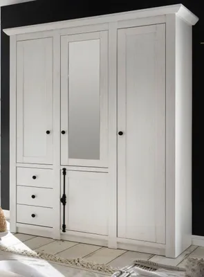 Produktbild von Kleiderschrank Hooge in weiß Pinie Landhaus Drehtürenschrank 4-türig mit Spiegel 147 x 206 cm