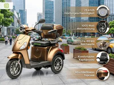 Immagine prodotto di Scooter elettrico per anziani Yogi-IQ, batteria al litio, 3 ruote, 1000 Watt, marrone