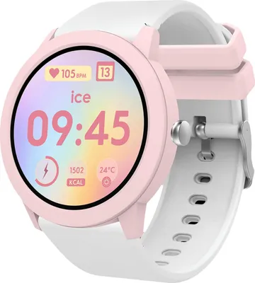 A close-up shot of a pink and white smartwatch.