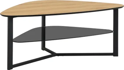 Obrázek produktu pro WOHNLING konferenční stolek ve tvaru ledviny, Imitace dřeva dub, rozměry 110 cm, s skleněnou policí a kovovou konstrukcí. Velký konferenční stolek do obývacího pokoje v retro stylu, stabilní stolek pod televizi, boční stolek