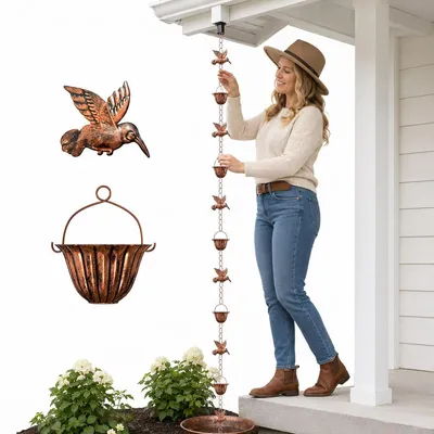 Produktbild von Garten Regenkette Kolibri Kupfer Metall, dekorative Regenrinne Kette mit Vogel Design für Außenbereich, Terrasse & Hausdach