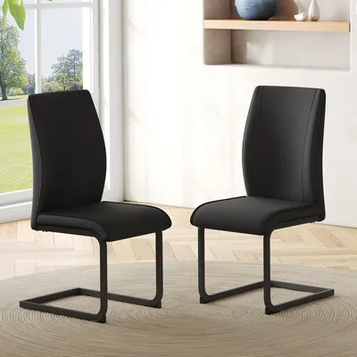 Zdjęcie produktu dla Zestaw 2 krzeseł do jadalni, czarna skóra PU, czarne metalowe nogi, ergonomiczne, 99 cm