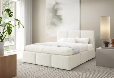 Image de Lit rembourré VALERIO avec coffre de rangement, lit 180 x 200 cm, lit double avec espace de rangement et sommier à lattes, style lit à ressorts, sans matelas, chambre à coucher - Crème