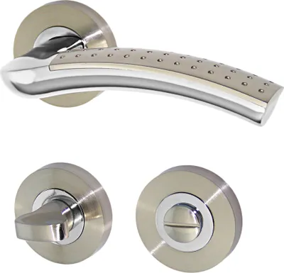 A set of door hardware, including a door handle and two escutcheons, displayed against a white background.