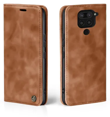A brown flip cover case for a smartphone is shown from two angles.