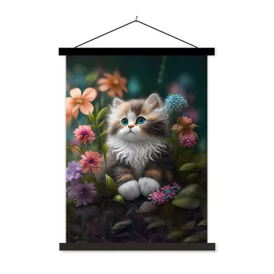 Produktbild von MuchoWow® Textilposter Kätzchen - Illustration - Blumen - Natur - Katze 90x120 cm mit schwarzem Rahmen - Dekoration