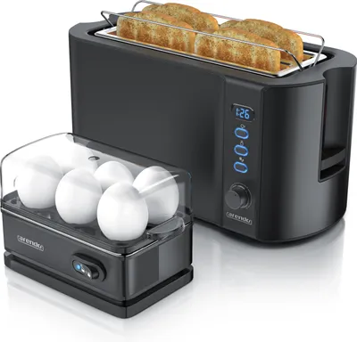 A black toaster with bread in it and a black egg cooker with white eggs in it, placed on a white surface.