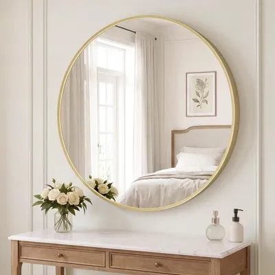 Produktbild von SONGMICS Wandspiegel, Spiegel rund, Metallrahmen, 50 cm d, für Bad, Wohnzimmer, Schlafzimmer, Flur, gold