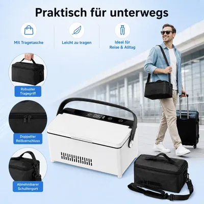 Produktbild von Tragbarer Insulin Kühlschrank, 2–8°C, LED Touch Display, 2x 13600mAh Akku, USB-C, flüsterleise, inkl. Tasche für Reise und Zuhause