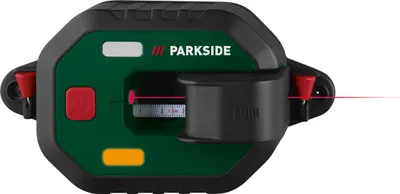 A digital laser level with a built-in tape measure is shown against a white background.