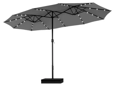 Produktbild von Großer rechteckiger Sonnenschirm mit Ständer, 450 x 270 cm, für Garten und Terrasse, mit LED-Beleuchtung, Kurbelgriff, UV-Schutz, windfest, hellgrau.