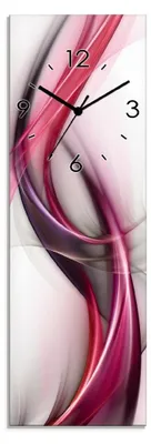 A vertical wall clock with a swirling abstract design in shades of pink and purple.