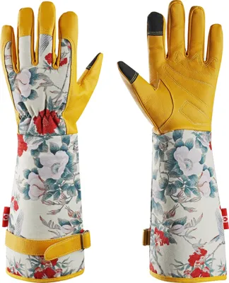Produktbild von Mustbau Lange Gartenhandschuhe für Damen, Kunstleder Gauntlet Wasserabweisend Rosenhandschuhe, Garten Arbeitshandschuhe für Gartenarbeit Hausarbeit (Gelb, XL)
