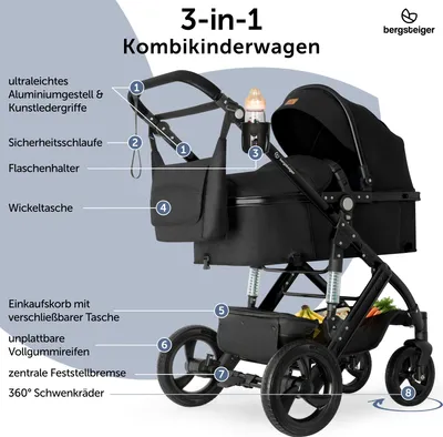 Produktbild von Bergsteiger Nizza 3 in 1 Kinderwagen, Kombikinderwagen Komplettset, Babywanne & Buggy Sportsitz inklusive, Auto-Babyschale & Isofix Station optional