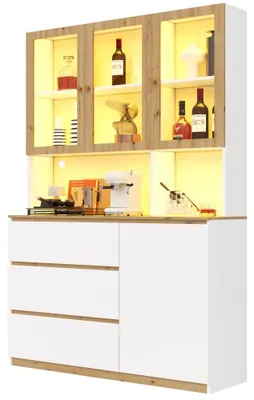 Image de Étagère à livres avec portes en verre - Vitrine - Éclairage LED - Compartiment ouvert - 3 portes - MDF - Blanc - Style B