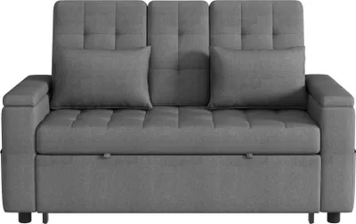 Produktbild von Merax 2-Sitzer Schlafsofa mit Schlaffunktion, Verstellbarer Rückenlehne, Getränkehalter, Staufächern, Kissen, Sofa, Bettsofa, Klappbett, Linen, Grau