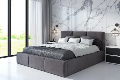 A modern bedroom with a large window and a bed.