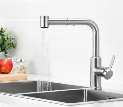 A stainless steel kitchen faucet with water running into a double sink.