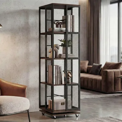 Produktbild von Bücherregal HWC-P13, Standregal Drehregal, Rollen drehbar, Metall Industrial Melamin MVG 147x40x40cm dunkelbraun