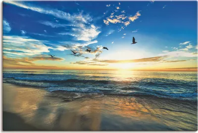 Produktbild von ARTland Leinwandbild Strand Möwen Meer Sonnenuntergang Größe: 120x80 cm