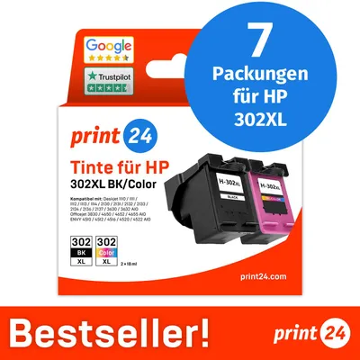 Image de NOUVEAU : print24 Cartouches d'encre pour HP 302XL, multipack (BK/C/M/Y), 7 pièces