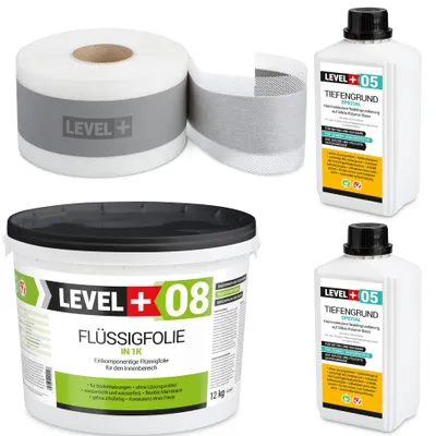 Obrázek produktu pro Hydroizolační sada Tekutá fólie 12kg Těsnicí páska 10mb Základní nátěr 2L - LEVEL+ SET17