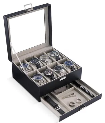 Image de Boîte à montres, 2 niveaux, 8 compartiments avec couvercle en verre, noire