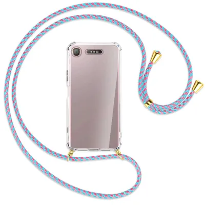Produktbild von Handykette Backcover-Schutzhülle mit Band (Metall goldfarben) für Sony Xperia XZ1 - pink/mint