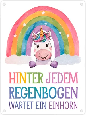 Produktbild von Lächelndes Einhorn Metallschild in 15x20 cm Hinter jedem Regenbogen