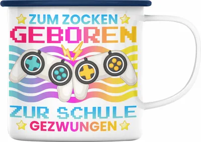 Produktbild von Trendation - Gamer Emaille Tasse Geschenk Jungen Zocker Mitbringsel Männer Zocken Gaming Geschenkideen PC Kinder Zubehör Spruch Lustig Zur Schule Gezwungen (Blau)