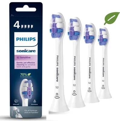 A package of four Philips Sonicare S2 Sensitive toothbrush heads is shown next to the four individual heads.