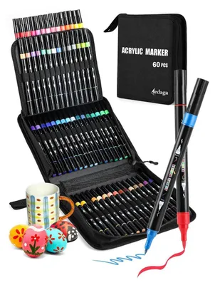 Immagine prodotto di Set di pennarelli acrilici, 60 colori, punta doppia, resistenti all'acqua, ideali per tela, pietra, vetro, metallo e Vetroceramica