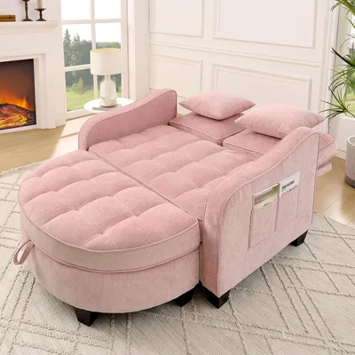 Image de OKWISH Canapé Lit - Canapé Compact 1 Place avec Pouf de Rangement - Tissu Chenille - Structure en Bois - Rose