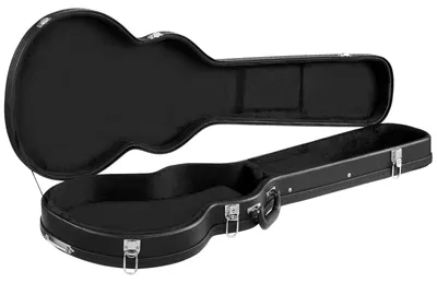 Obrázek produktu pro Kryt na elektrickou kytaru SucceBuy, určený pro kytary typu Les Paul o velikosti 39 palců (108 cm). Tvrdý obal z dřeva se zámkem, s polstrováním z pěny, klíči, přihrádkou na příslušenství. Formovaný obal v černé barvě