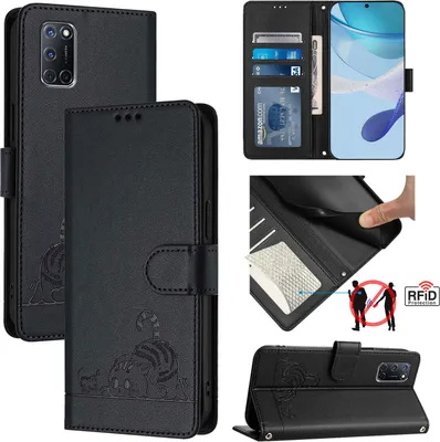 Produktbild von Leder Hülle für Oppo A72 / A52 / A92 4G Süße Katze Flip Case Brieftasche Schutzhülle mit Standfunktion Schwarz