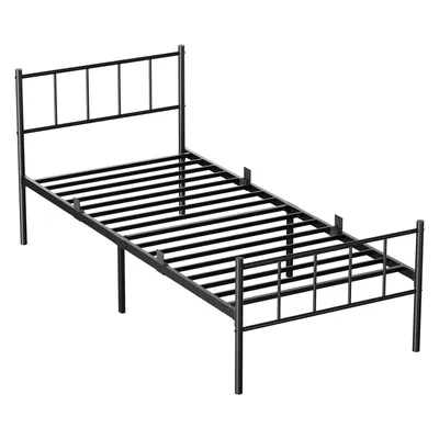 Image de Lit 90 x 200 cm, sommier métallique avec tête de lit, cadre de lit de 36 cm de hauteur avec 32 cm d'espace de rangement, 14 lattes métalliques, silencieux, noir