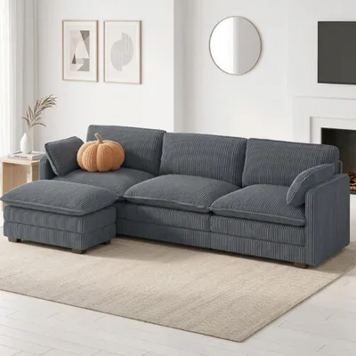 Obrázek produktu pro BEALIFE Rohová pohovka 240 x 76 x 91 cm s podnožkou | Třímístná pohovka z manšestru | Do obývacího pokoje a pokoje pro hosty | Tmavě šedá/béžová | AR88-24