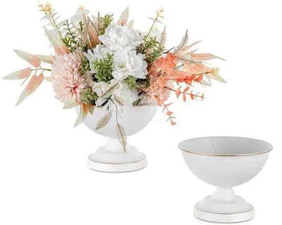 Image de Lot de 2 vases de table en métal finement ouvragés - Panier à fleurs blanc de 14 cm au design vintage pour la décoration de table