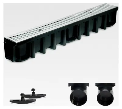 Produktbild von 1m Entwässerungsrinne Terrassenrinne mit verzinktem Stahlrost, komplett SET, System A15 148mm, inkl. Zubehör